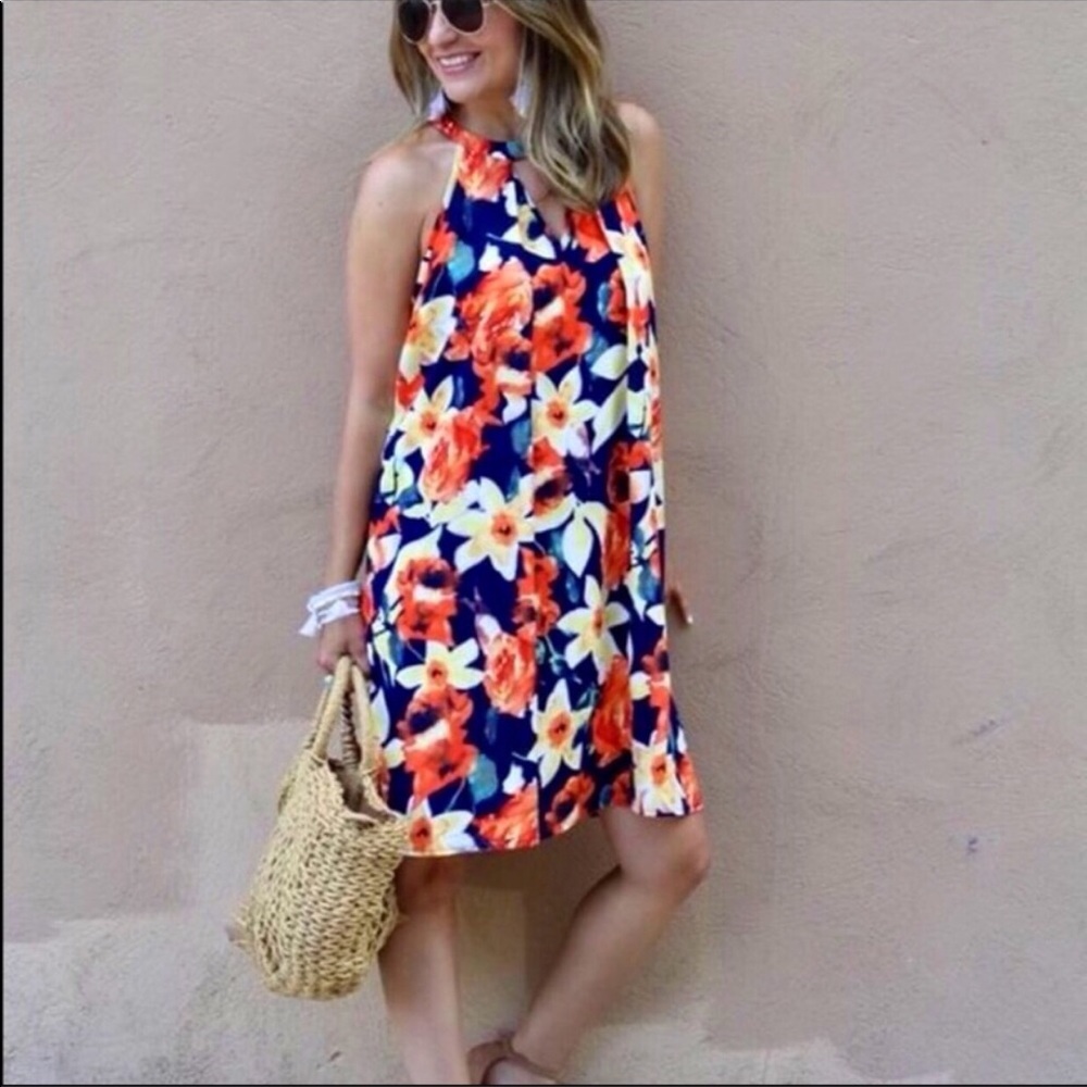 ☄️LAST CHANCE☄️Navy & orange Floral Print Halter - Picture 3 of 6